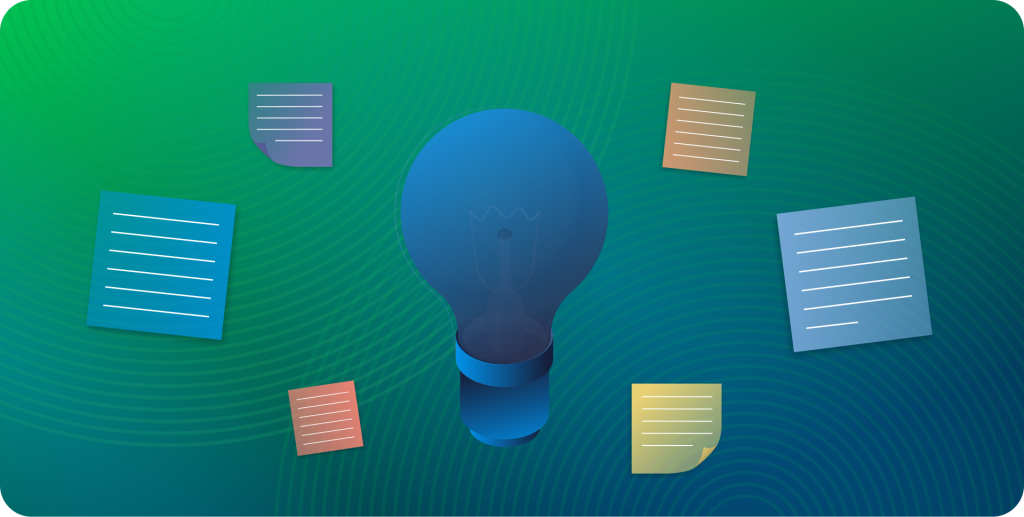 A stylized visualization of a lightbulb in hues of blue. The bulb is surrounded by stylized visualizations of documents and notes.