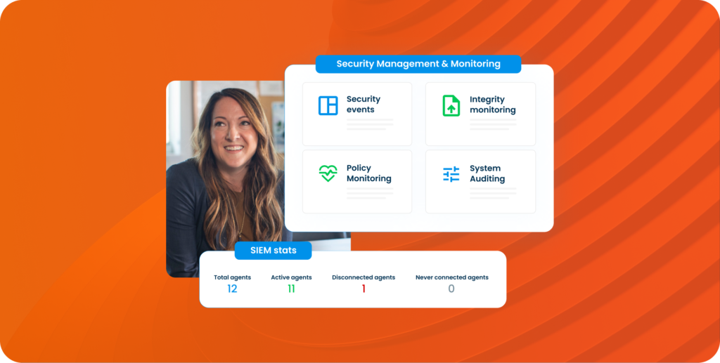 A woman with long brunette hair looks up off-camera and smiles. Visual cards showing a mockup of software security management and monitoring and SIEM stats are layered around the edges of the image.