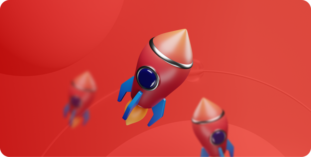 A stylized visualization of rocketships soar upward, against a red background.