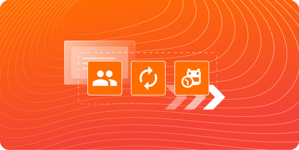 An orange-themed graphic showing three icons in a sequence: a user group, a circular arrow, and a clock with a robot face, all connected with dashed lines and arrows.