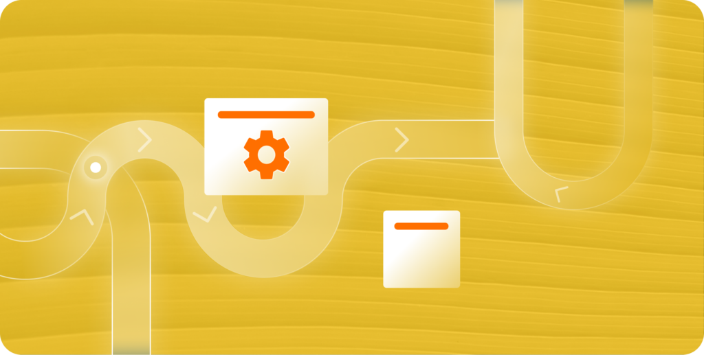 A yellow background with a winding path that includes arrows and rectangles. The path connects two icons: one with a gear symbol and another with a horizontal line, representing a process or workflow.