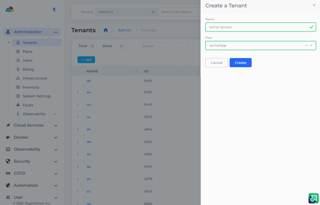 Creating a new tenant