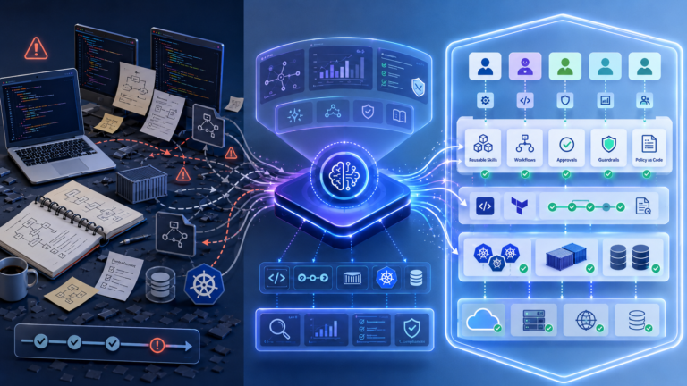 Conceptual illustration of an AI control plane transforming manual platform engineering workflows into governed cloud operations with reusable skills, approvals, and guardrails.