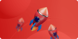 A stylized visualization of rocketships soar upward, against a red background.