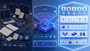 Conceptual illustration of an AI control plane transforming manual platform engineering workflows into governed cloud operations with reusable skills, approvals, and guardrails.